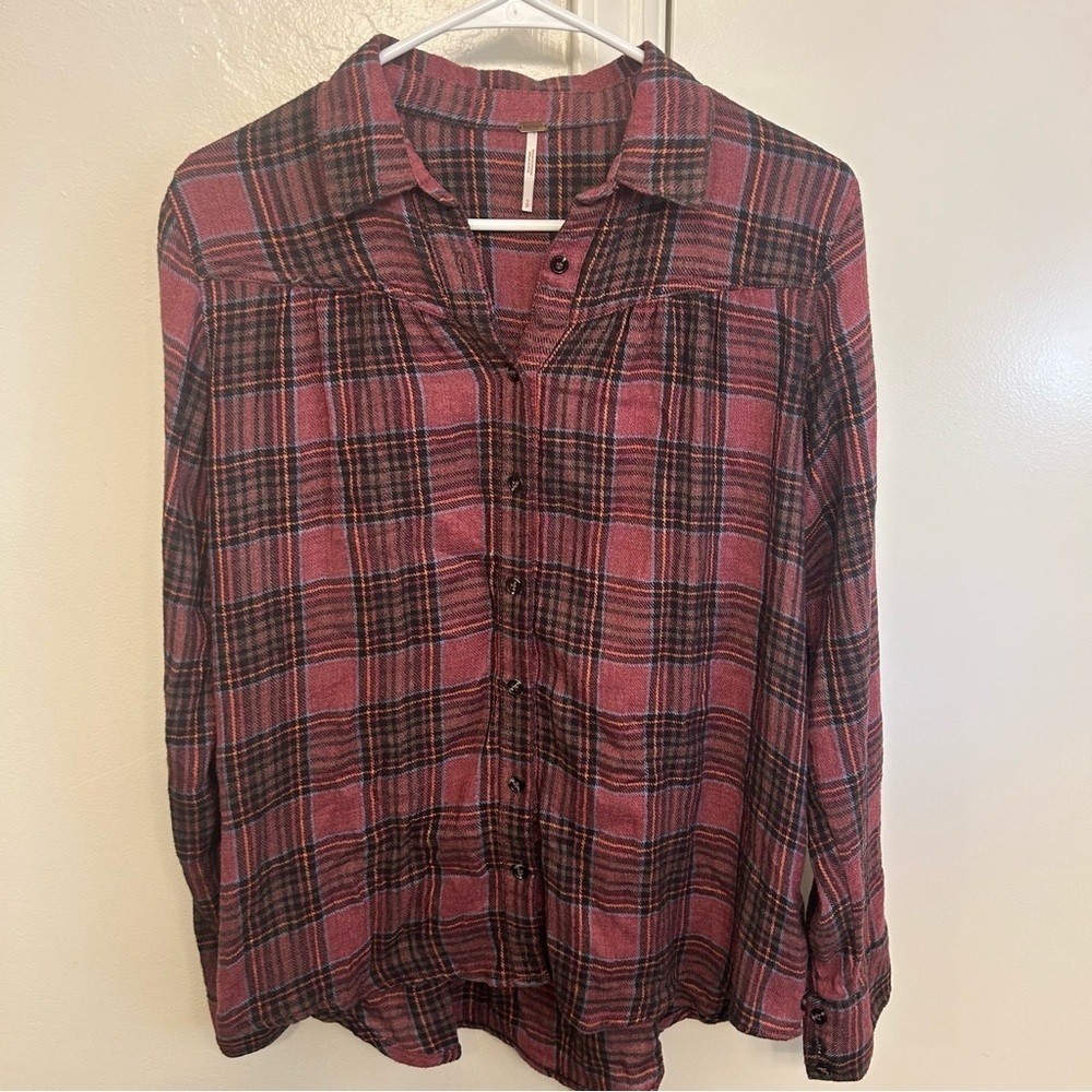 Free People Plaid Button Down Shirt Burgundy Relaxed Fit Size Small
